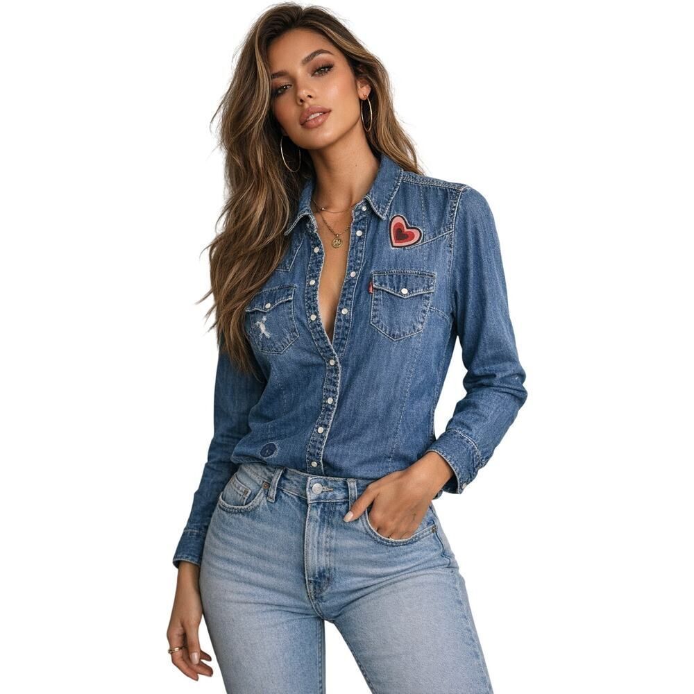 LEVI'S Women's Distressed Western-Inspired Long Sleeve Denim Shirt Blue Small
